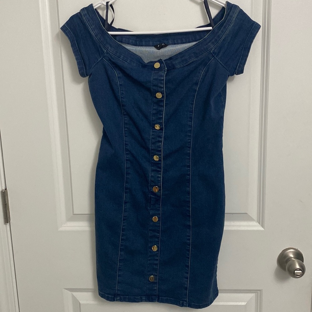G By Guess Blue Jean Dress offshoulder with Gold Bottoms Size S